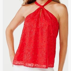Halter Top Eyelet Botanical Floral Pom-Pom Hem Relaxed Fit Bright Valentine Red